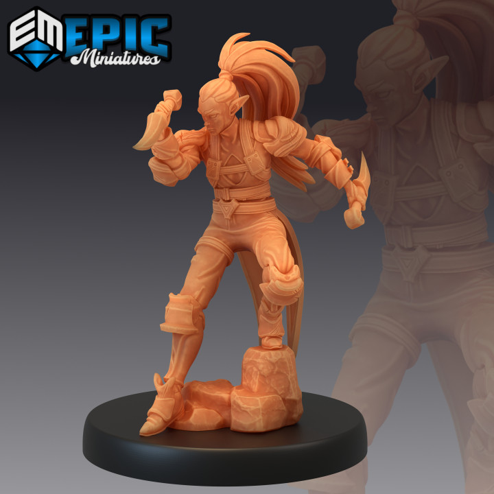 elf rogue attacking elven warrior elvish tribe epic-miniatures fantasy female medieval monster rpg warhammer sla male enemy tabletop dungeon dnd pathfinder npc pre-supported supported pre 3D print model - Mito3D