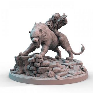 dwarf sabertooth rider pre-supported print minis axe cat female mount diorama dwarves 3d print model - Mito3D