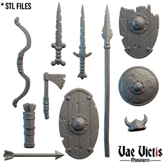 props pre-supported vae victis miniatures Tabletop Characters & Creatures Fantasy Universe arrow axe fantasy helmet rpg shield spear sword warrior weapons bow tabletop dnd 3d print model - Mito3D