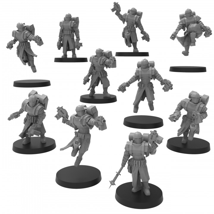 vestal sirens - presupported thatevilone Tabletop Characters & Creatures Sci-Fi Universe Vehicles Machines armour battle fast jet romans rome power infantry pack attack jump 28mm sisters pistols akimbo nuns militia vestals dueal 3D print model - Mito3D