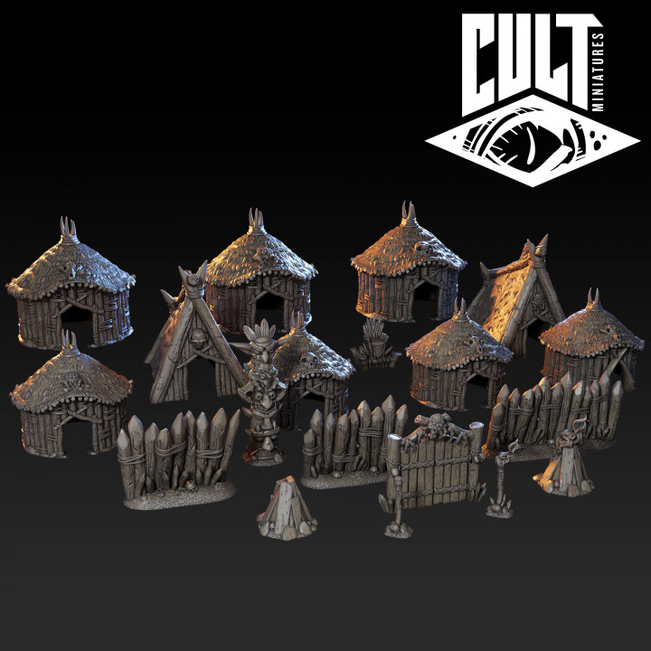 goblin villaggio culto miniature tavolo 3D stampabile terreno fantasia tribale trono giungla falò 28mm cabina scenario totem baracca Tipi palizzata 3D print model - Mito3D