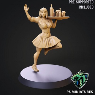 human barmaid 01 - 2 variants + pinup paul scott Tabletop Characters & Creatures action bar beer dress fantasy female girl character happy wave pub skirt worker tavern maiden maid npc 3d print model - Mito3D