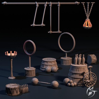 circus - scene objects props making tlon Tabletop 3D Printable Terrain Fantasy ball object play prop drum circles carnival show brazier monocycle attraction skittle 3d print model - Mito3D