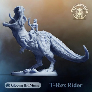 rugissement rex cavalier gloomykidminis table personnages créatures fantaisie univers barbare dinosaure Humain trex tyrannosaure monté présupporté 3d print model - Mito3D