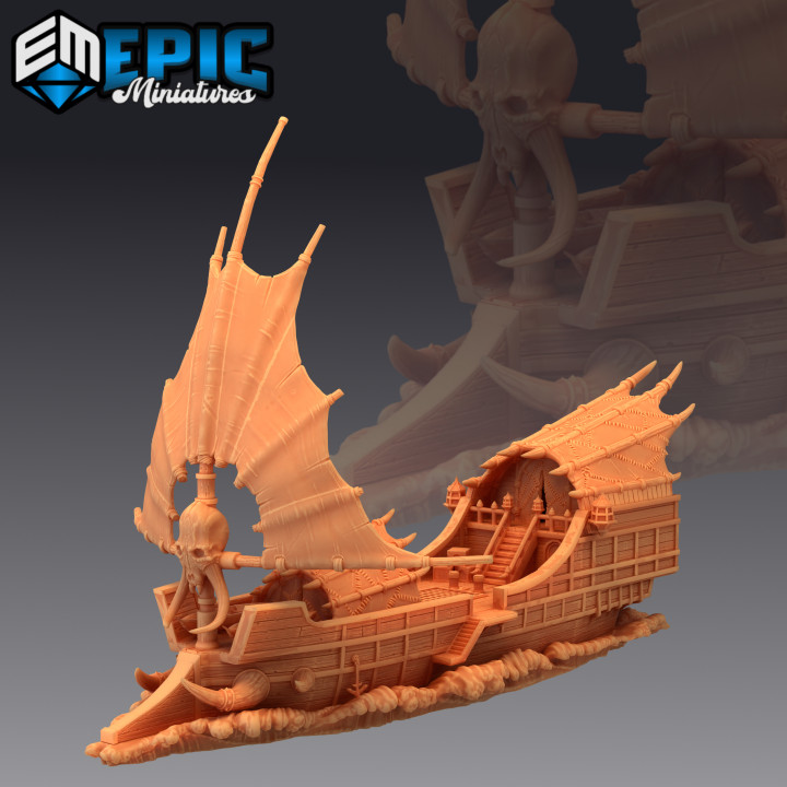 tribal ship - ramhorn orc pirate war boat corsair sailing epic-miniatures fantasy goblin medieval monster rpg warhammer sla enemy wave tabletop dungeon dnd runner pathfinder pirateship npc pre-supported supported pre 3D print model - Mito3D