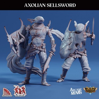 axolian sellsword arcane minis dragon dragons dungeons female roleplay rpg scale shield magic blade steampunk dungeon d&d 28mm dnd 35mm 32mm 5e eberron presupported pre-supported arcanapunk magipunk magitech sordane supported axolotl skies dimorphic anthromorphic 3d print model - Mito3D