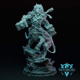 leoren lord lionhorde witchsong miniatures Tabletop Characters & Creatures Fantasy Universe dark dragons dungeons king lion ring hammer huge 3x3 souls dnd 5e savage hammers elden 3d print model - Mito3D