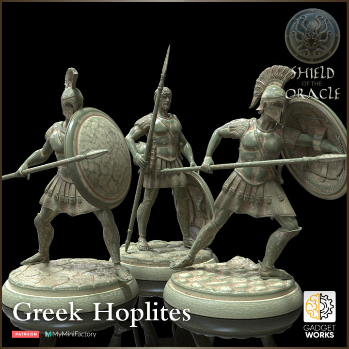 grego hoplites escudo oráculo engenhocas tampo mesa personagens criaturas histórico universo antigo Grécia capacete miniatura Atenas Esparta 32mm hoplita ttrpg 3D print model - Mito3D