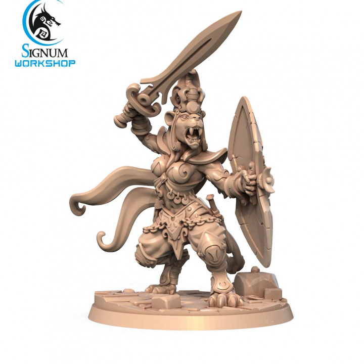 ife proud warrior signum workshop Tabletop Characters & Creatures Fantasy Universe dungeons fantasy mini miniatures shield sword tabletop 32mm beastman tribe ttrpg catfolk tabaxi presupported 3D print model - Mito3D