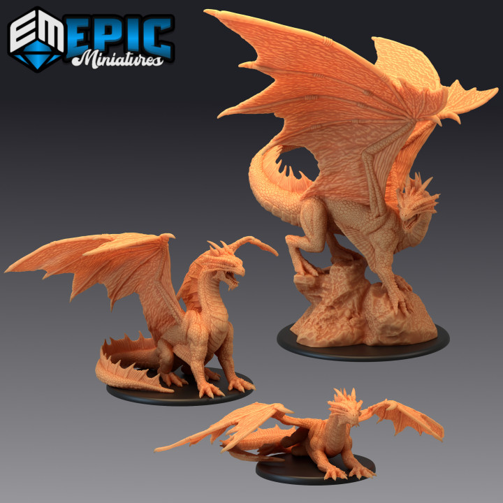 bronze dragon set legendary drake winged mountain encounter magical beast epic-miniatures Tabletop Characters & Creatures Fantasy Universe fantasy medieval monster rpg warhammer sla enemy tabletop dungeon dnd pathfinder npc pre-supported supported pre 3D print model - Mito3D
