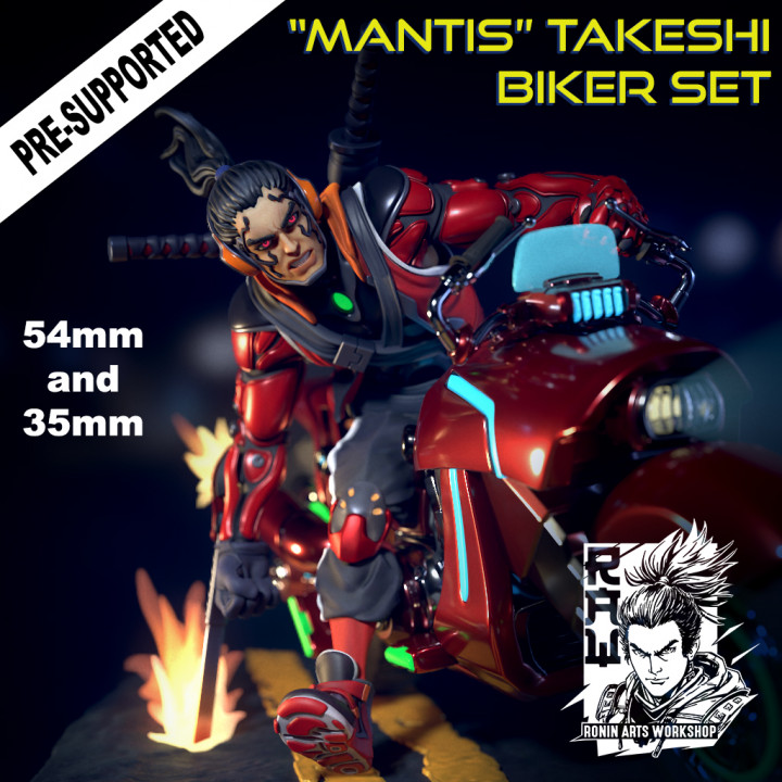 Gottesanbeterin Takeshi Biker einstellen tyrannisieren Moran Ventilator Kunst Aktion Zahlen Tischplatte Zeichen Kreaturen Sci Fi Universum Fahrzeuge Maschinen Fahrrad Mini Rollenspiel sci fi Miniatur Motorrad Diorama Cyberpunk Samurai Schwertkämpfer ttrpg roh Straßenamurai Roninartsworkshop mantishistake Bikerset 3D print model - Mito3D