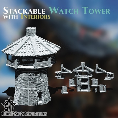3d printable stackable watch tower interiors by philip sin's miniatures tabletop terrain fantasy building house medieval wargames wargaming warhammer dungeonsanddragons roleplaying wargame dnd malifaux scenery dungeons dragons pathfinder frostgrave fortress mordheim tudor aos scenography 3d print model - Mito3D