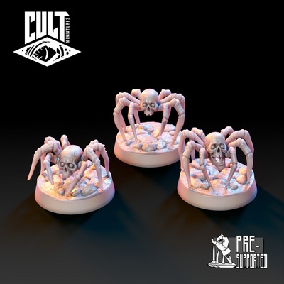 3d printable skull spiders by cult miniatures tabletop characters & creatures fantasy universe creature dragon horror skeleton undead warhammer spider dungeon cave 28mm 3d print model - Mito3D