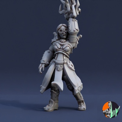 3d printable electro mancer by triple spire workshop tabletop characters & creatures sci-fi universe female steampunk mage thunder lightning 28mm 32mm element elecric 3d print model - Mito3D
