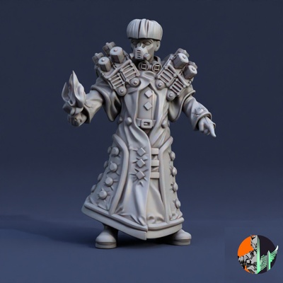 3d printable pyromancer by triple spire workshop tabletop characters & creatures sci-fi universe fire steampunk mage 28mm 32mm element 3d print model - Mito3D