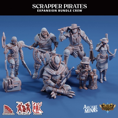 3d printable scrapper pirates - expansion crew by arcane minis axe barbarian dragon dragons dungeons female fighter fishing goblin gun guns human orc pirate roleplay rpg scale sword magic blades steampunk male crystal dragonborn swords dungeon d&amp d rogue 28mm dnd 35mm 32mm bard tinkerer 5e axes expanded artificer eberron presupported pre-supported arcanapunk magipunk magitech sordane supported skies sordalite 3d print model - Mito3D