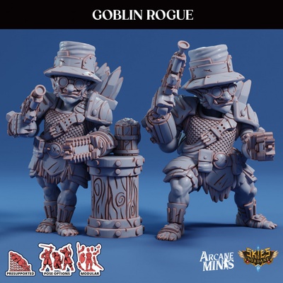 3d printable goblin rogue - scrapper pirates by arcane minis hat beer dragon dragons dungeons green gun roleplay rpg scale sword magic blade steampunk crystal drill dungeon d&amp d 28mm dnd 35mm sharp 32mm goblins 5e greenskin biomechanical eberron gobbo presupported pre-supported arcanapunk magipunk magitech sordane supported zap skies sordalite drills zap-gun top-hat 3d print model - Mito3D