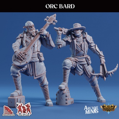 3d printable orc bard - scrapper pirates by arcane minis hat dragon dragons dungeons guitar music pirate roleplay rpg scale sword magic blades blade steampunk orcs crossbow dungeon d&amp d 28mm dnd 35mm 32mm lute 5e eberron presupported pre-supported arcanapunk magipunk magitech sordane supported bards skies 3d print model - Mito3D