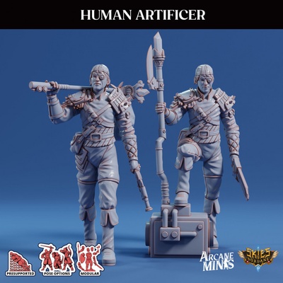 3d printable human artificer - scrapper pirates by arcane minis dragon dragons dungeons eye modular pirate roleplay rpg scale magic blades steampunk staff crystal swords dungeon d&amp d 28mm dnd 35mm traveller 32mm 5e biomechanical eberron poses presupported pre-supported arcanapunk magipunk magitech sordane supported skies sordalite 3d print model - Mito3D