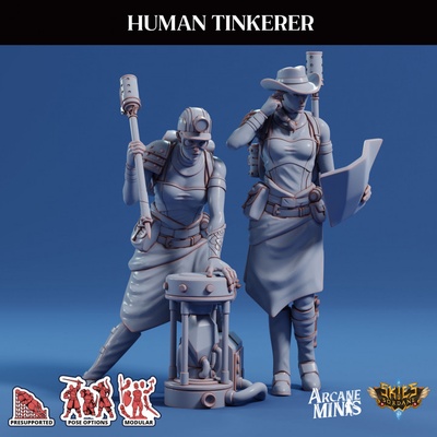 3d printable human tinkerer - scrapper pirates by arcane minis hat dragon dragons dungeons mechanical pirate roleplay rpg scale magic steampunk staff crystal mech conduit map dungeon d&amp d 28mm dnd 35mm 32mm 5e eberron presupported pre-supported arcanapunk magipunk magitech sordane supported skies sordalite 3d print model - Mito3D