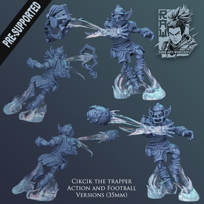 3d printable cikcik - goblin trapper in action football pose by hector moran tabletop characters & creatures fantasy universe mini rpg wargaming miniature dungeonsanddragons dnd pathfinder bloodbowl ttrpg raw gobo roninartsworkshop 3d print model - Mito3D