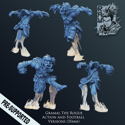 3d printable gramal - globlin rogue in action football pose by hector moran tabletop characters & creatures fantasy universe goblin mini rpg miniature assassin dungeonsanddragons dnd thief bloodbowl ttrpg raw gobo roninartsworkshop 3d print model - Mito3D