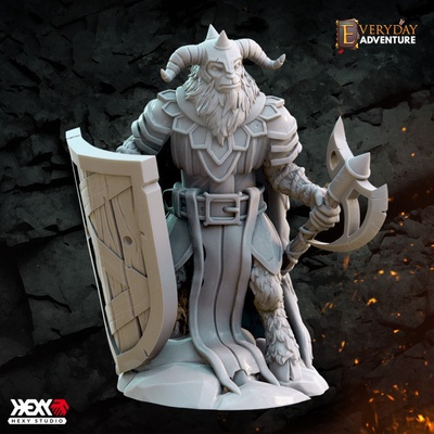 3d printable goatfolk warrior by hexy studio tabletop characters & creatures fantasy universe axe fighter rpg dnd 32mm dungeons dragons animalfolk instant encounters 3d print model - Mito3D