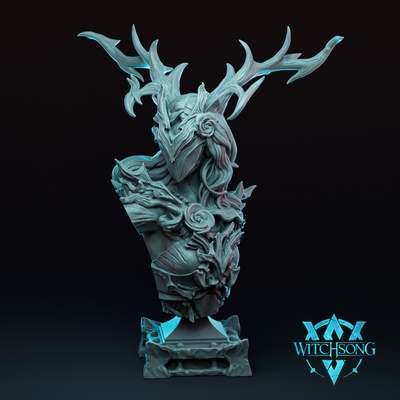 3d printable bust - lady of grove by witchsong miniatures tabletop characters & creatures fantasy universe fan art busts ancient deer forest old wood painting satyr horns paint moss fairy antlers faerie 3d print model - Mito3D