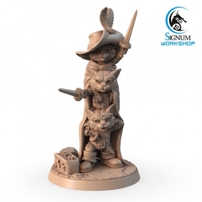 3d printable three fluffy heroes by signum workshop children dungeons fantasy mini miniatures sword warrior tabletop 32mm beastman ttrpg catfolk tabaxi presupported 3d print model - Mito3D