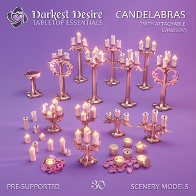 3d printable candelabras by darkest desire tabletop terrain fantasy decoration dining dinner environment flowers furniture hearts lights modular party set props romantic boardgame d&d candles dnd celebration scenery tavern pnp scatter inn assets presupported 3d print model - Mito3D