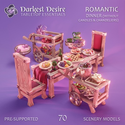 3d printable romantic dinner by darkest desire tabletop terrain fantasy alcohol breakfast decoration dining environment flowers furniture hearts modular party set props boardgame d&d dnd celebration scenery tavern pnp scatter inn assets presupported waffles pancakes 3d print model - Mito3D