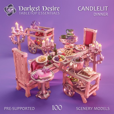 3d printable candlelit dinner - set by darkest desire tabletop terrain fantasy alcohol breakfast decoration dining environment flowers furniture hearts lights modular party props romantic boardgame d&d candles dnd celebration scenery tavern pnp scatter inn assets presupported waffles pancakes 3d print model - Mito3D