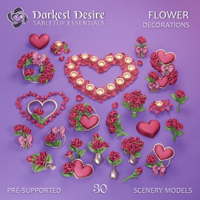 3d printable flower decorations by darkest desire tabletop terrain fantasy bedroom decoration environment flowers hearts modular set bath props romantic boardgame spa decor holiday d&d candles dnd celebration scenery pnp scatter inn assets presupported jacuzzi brothel 3d print model - Mito3D
