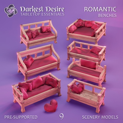 3d printable romantic benches by darkest desire tabletop terrain fantasy bedroom decoration environment furniture hearts modular set props boardgame d&d candles dnd scenery tavern pnp scatter inn assets presupported brothel 3d print model - Mito3D