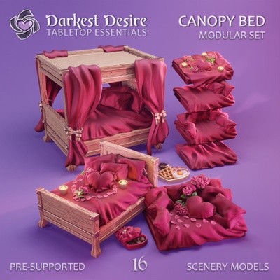 3d printable canopy bed by darkest desire tabletop terrain fantasy bedroom breakfast decoration environment flowers furniture hearts modular set props romantic boardgame d&d candles dnd scenery tavern pnp scatter inn assets presupported brothel 3d print model - Mito3D