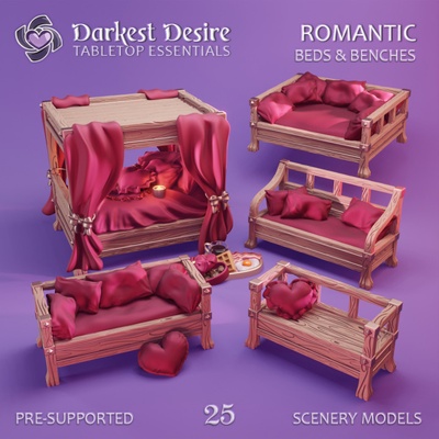 3d printable romantic beds & benches by darkest desire tabletop characters creatures fantasy universe terrain bedroom breakfast decoration environment flowers furniture hearts modular set props boardgame d&d candles dnd scenery tavern pnp scatter inn assets presupported brothel 3d print model - Mito3D