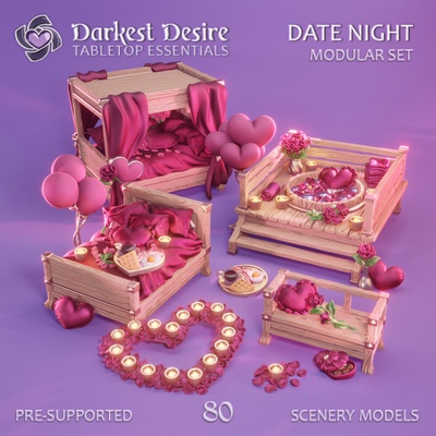 3d printable night - set by darkest desire tabletop terrain fantasy bedroom decoration environment flowers furniture hearts modular bath props romantic boardgame spa holiday d&d candles dnd celebration scenery tavern pnp scatter inn assets presupported jacuzzi brothel 3d print model - Mito3D