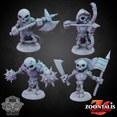 3d printable skeletons pre-supported included by dice heads tabletop characters & creatures fantasy universe 3d print model - Mito3D