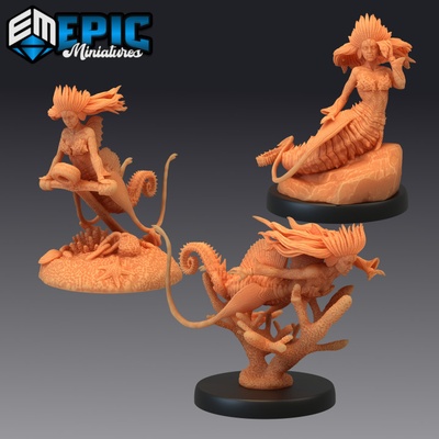 3d imprimível cavalo marinho sereia conjunto merfolk água monstro oceano mar encontro by epic miniatures 3d print model - Mito3D