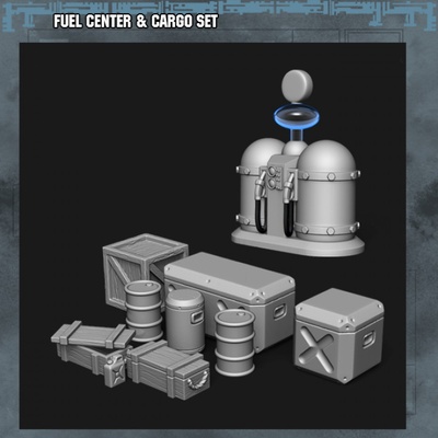 3d printable fuel center & cargo set by bombshell miniatures tabletop terrain sci-fi 3d print model - Mito3D