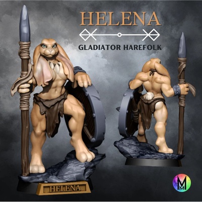 3d imprimable helena lièvre barbare gladiateur anthro lapin harengon by clair lune minis christine van patten table personnages créatures fantaisie univers 3d print model - Mito3D