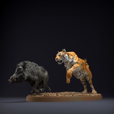 3d imprimível bengala tigre indiano javali caçar by animal cova miniaturas brinquedos jogos criatura figuras 3d print model - Mito3D