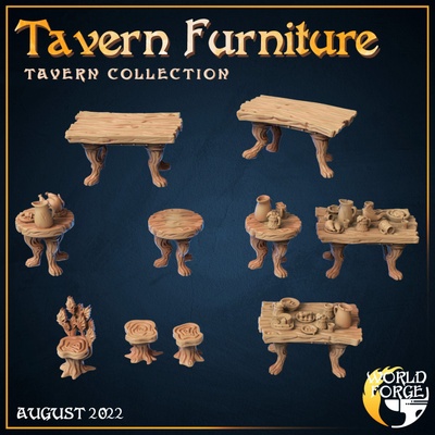 3d printable tavern furniture - tables & chairs by world forge miniatures tabletop terrain fantasy 3d print model - Mito3D