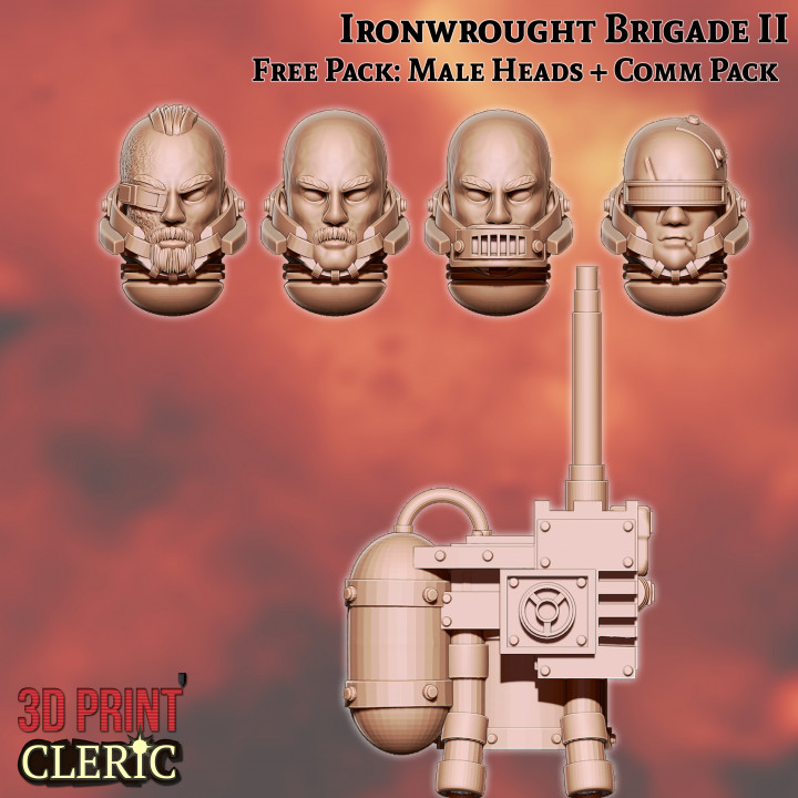 3d printable ironwrought brigade ii - heads + comms pack by print cleric tabletop characters & creatures sci-fi universe 3D print model - Mito3D