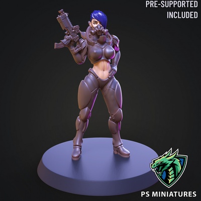 3d printable cyberpunk mercenary pose 1 - 4 variants pinup by psminiatures tabletop characters & creatures sci-fi universe wargaming 3d print model - Mito3D