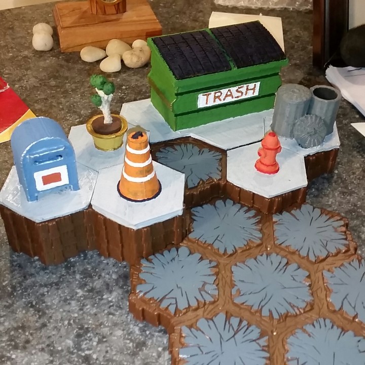 hex terrain city set 1 tabletop hexagon wargame trashcan urban hydrant game tiles trash 3D print model - Mito3D
