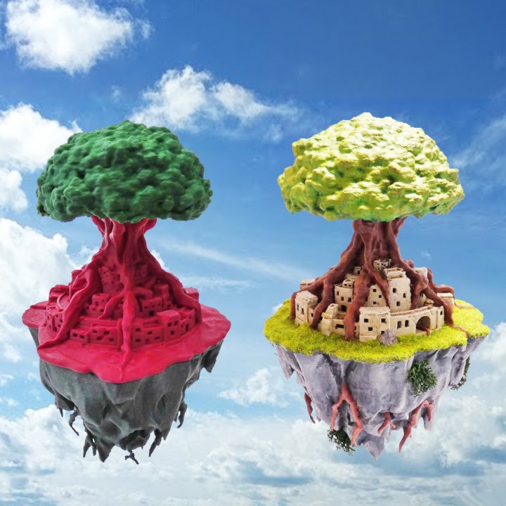 céu ilha jardim arte cidade decoração fantasia árvore rotativo flutuante ruings laputa 3D print model - Mito3D
