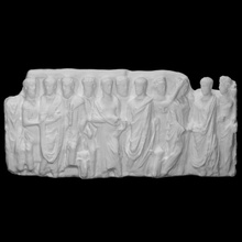 sarcophagus togate men female figures scan ancient people sculpture marble male relief group fragment toga monumental drapery parchment 3d print model - Mito3D