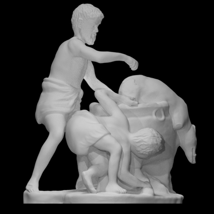 so-called roasting boar scan ancient cooking figure pig pot sculpture statue marble male scene seated standing group 3D print model - Mito3D