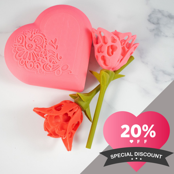 pattern heart box & rose bundle garden candy diy gift love valentine cutout 3D print model - Mito3D